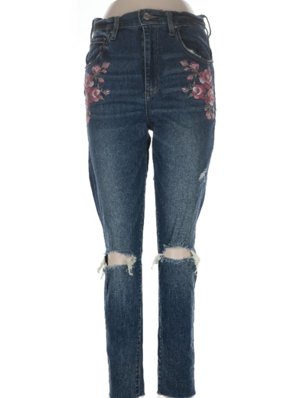 High-Rise Dark Blue Embroidered Knee-Rip Women's Jeans